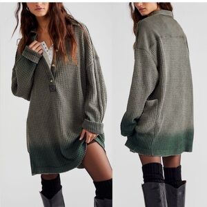 Free People Wilder or Travis Polo Shirt Dress Waffle Knit Army Green Oversized